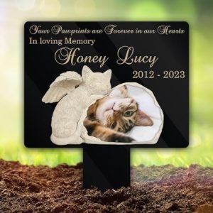 DINOZOZO Custom Cat Photo Your Pawprints Are Forever In Our Hearts Cat Grave Marker Garden Stakes Cat Memorial Gift Custom Metal Signs2