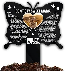 DINOZOZO Custom Dog Cat Photo Butterfly Dont Cry Sweet Mama Pet Grave Marker Garden Stakes Pet Memorial Gift Custom Metal Signs