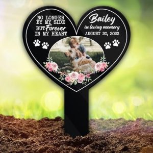 DINOZOZO Custom Dog Cat Photo No Longer By My Side Floral Pet Grave Marker Garden Stakes Pet Memorial Gift Custom Metal Signs2