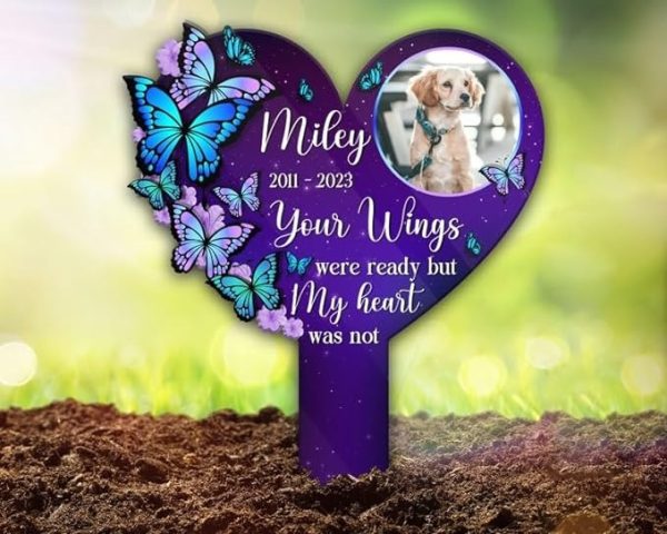 DINOZOZO Custom Dog Cat Photo Purple Butterfly Your Wings Were Ready But My Heart Was Not Pet Grave Marker Garden Stakes Pet Memorial Gift Custom Metal Signs