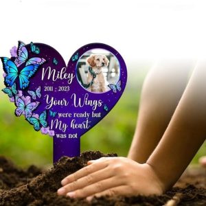 DINOZOZO Custom Dog Cat Photo Purple Butterfly Your Wings Were Ready But My Heart Was Not Pet Grave Marker Garden Stakes Pet Memorial Gift Custom Metal Signs2