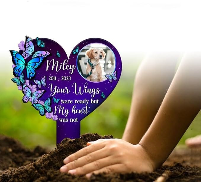 DINOZOZO Custom Dog Cat Photo Purple Butterfly Your Wings Were Ready But My Heart Was Not Pet Grave Marker Garden Stakes Pet Memorial Gift Custom Metal Signs2