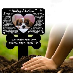 DINOZOZO Custom Dog Photo Waiting At The Door Dog Bone Dog Grave Marker Garden Stakes Dog Memorial Gift Custom Metal Signs3