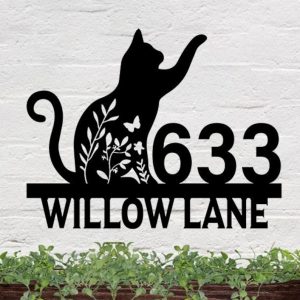DINOZOZO Cute Floral Cat V1 Address Sign House Number Plaque Custom Metal Signs