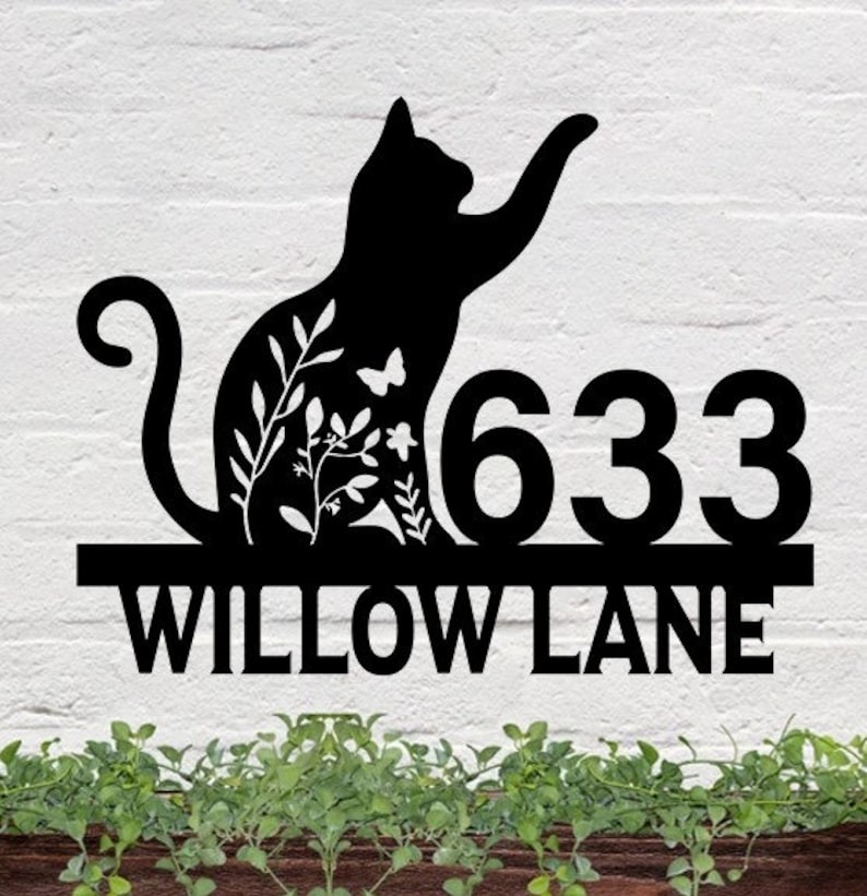 DINOZOZO Cute Floral Cat V1 Address Sign House Number Plaque Custom Metal Signs