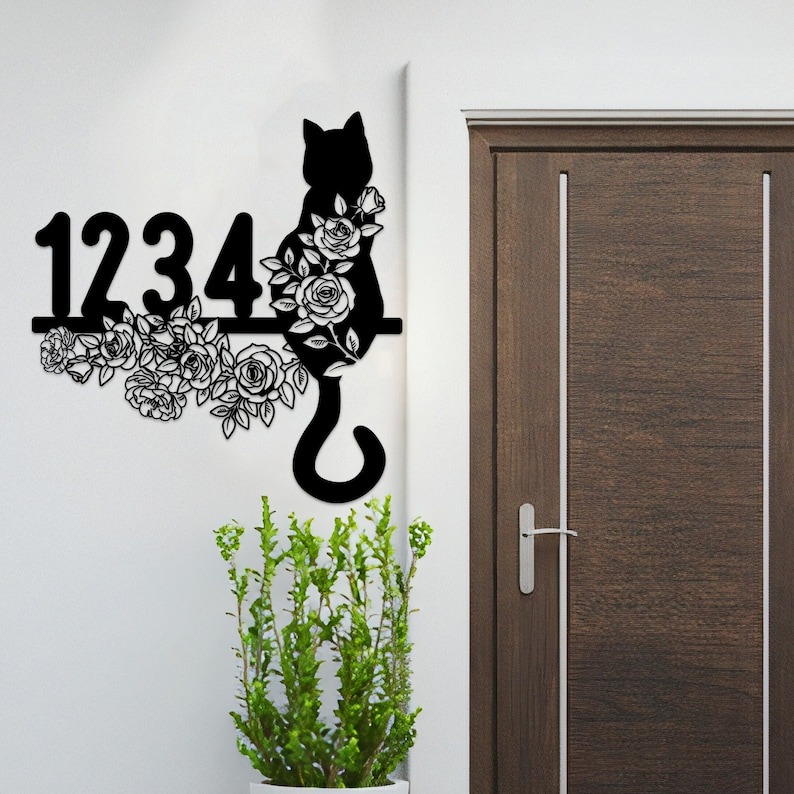 DINOZOZO Cute Floral Cat V2 Address Sign House Number Plaque Custom Metal Signs2