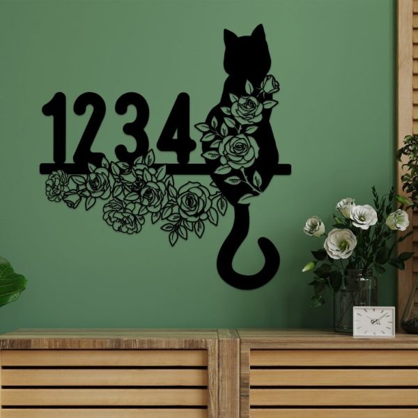 DINOZOZO Cute Floral Cat V2 Address Sign House Number Plaque Custom Metal Signs
