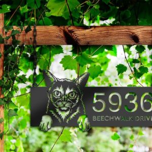 DINOZOZO Cute Peeking Abyssinian Cat Address Sign House Number Plaque Custom Metal Signs2