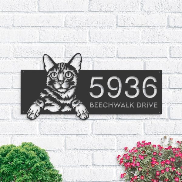 DINOZOZO Cute Peeking Bengal Cat Address Sign House Number Plaque Custom Metal Signs