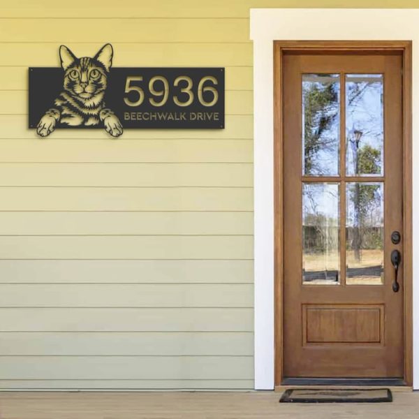 DINOZOZO Cute Peeking Bengal Cat Address Sign House Number Plaque Custom Metal Signs