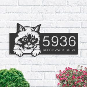 DINOZOZO Cute Peeking Birman Cat Address Sign House Number Plaque Custom Metal Signs