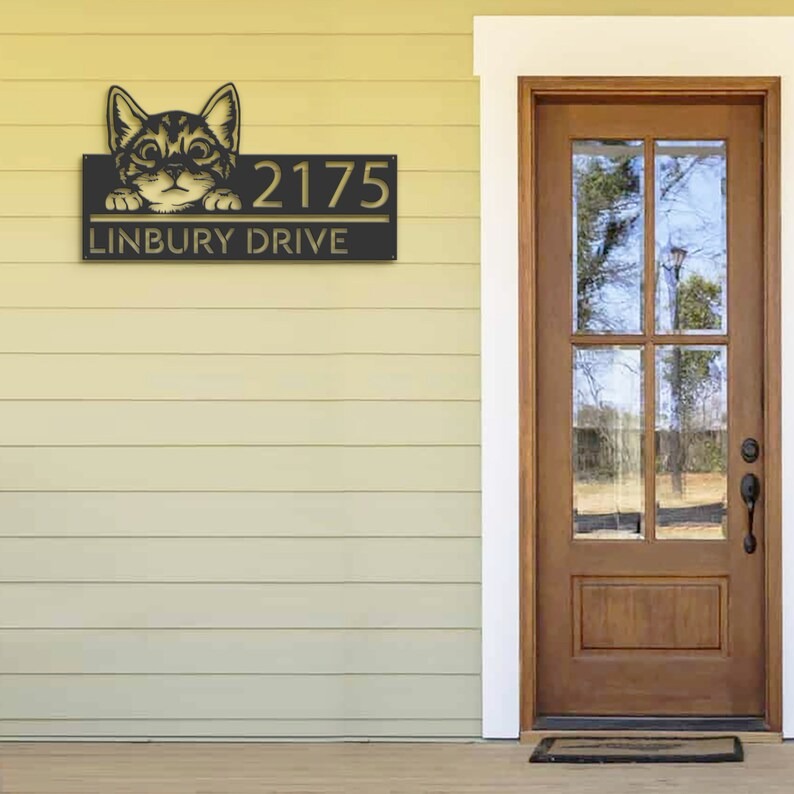 DINOZOZO Cute Peeking Cat Kitten Address Sign House Number Plaque Custom Metal Signs3