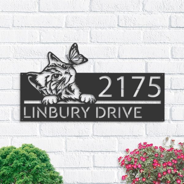 DINOZOZO Cute Peeking Cat with Butterfly Kitten Address Sign House Number Plaque Custom Metal Signs