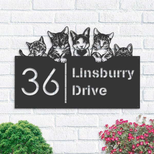 DINOZOZO Cute Peeking Cats Kittens Address Sign House Number Plaque Custom Metal Signs