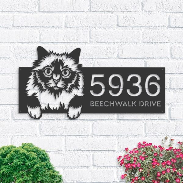 DINOZOZO Cute Peeking Holy Burma Cat Address Sign House Number Plaque Custom Metal Signs