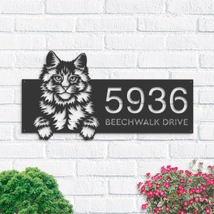 DINOZOZO Cute Peeking Maine Coon Cat Address Sign House Number Plaque Custom Metal Signs1