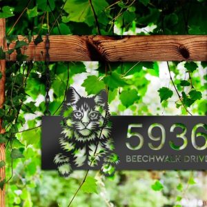 DINOZOZO Cute Peeking Maine Coon Cat Address Sign House Number Plaque Custom Metal Signs2