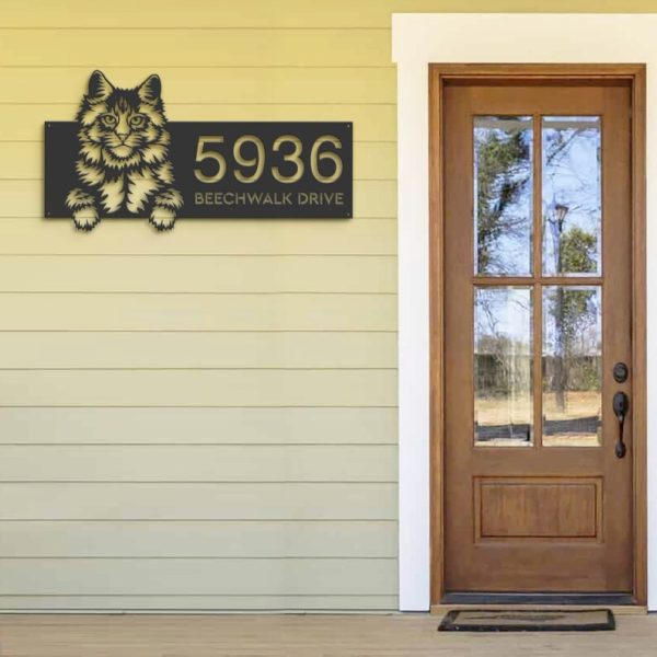 DINOZOZO Cute Peeking Maine Coon Cat Address Sign House Number Plaque Custom Metal Signs