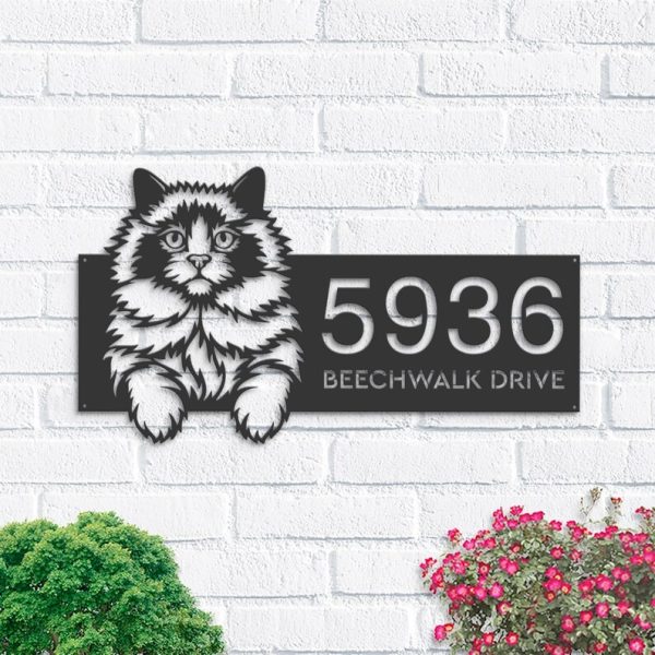 DINOZOZO Cute Peeking Ragdoll Cat Address Sign House Number Plaque Custom Metal Signs