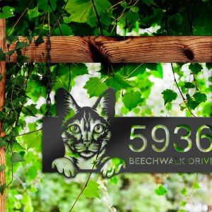 DINOZOZO Cute Peeking Savannah Cat Address Sign House Number Plaque Custom Metal Signs2