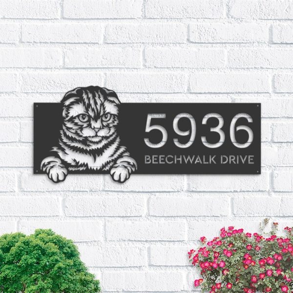 DINOZOZO Cute Peeking Scottish Fold Cat Address Sign House Number Plaque Custom Metal Signs