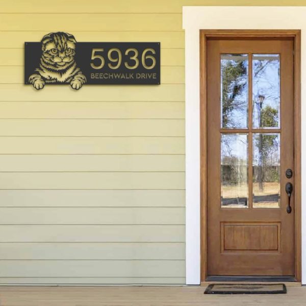 DINOZOZO Cute Peeking Scottish Fold Cat Address Sign House Number Plaque Custom Metal Signs