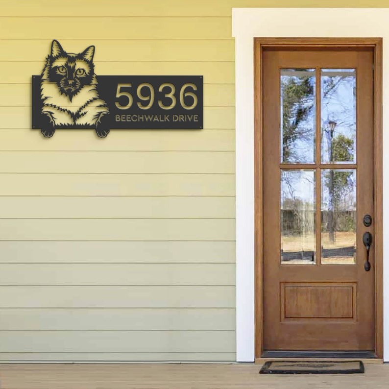 DINOZOZO Cute Peeking Siamese Cat Address Sign House Number Plaque Custom Metal Signs3