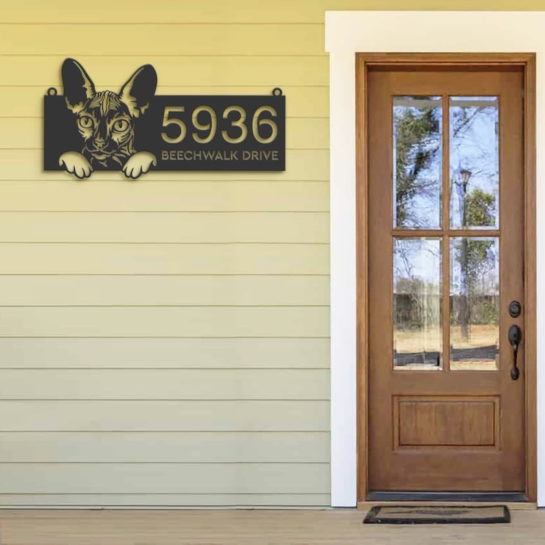 DINOZOZO Cute Peeking Sphynx Cat Address Sign House Number Plaque Custom Metal Signs3