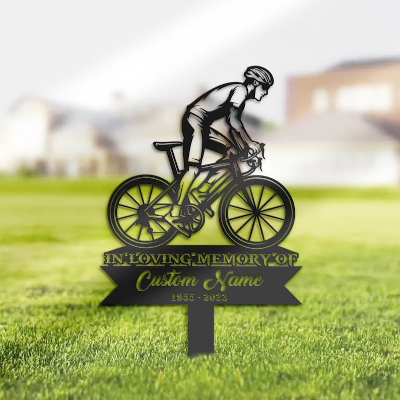 DINOZOZO Cyclist Bike Rider Grave Marker Memorial Sign with Stake Sympathy Gifts for Loss of Loved One Custom Metal Signs2