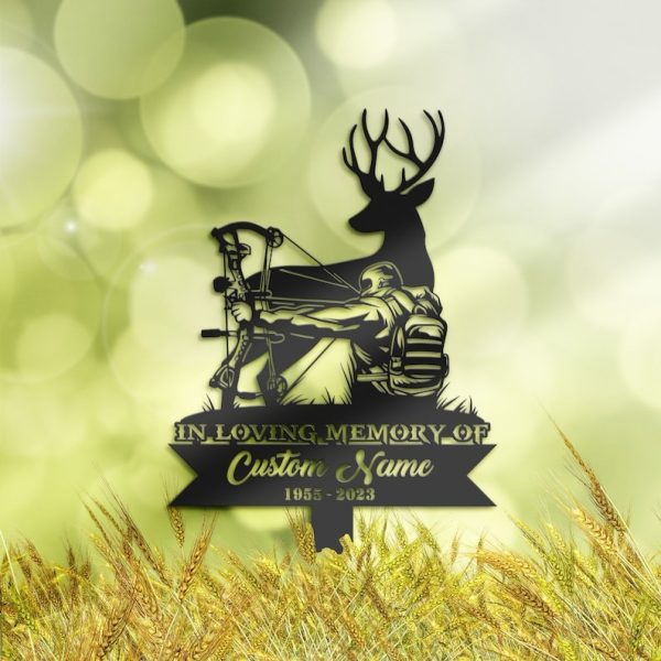 DINOZOZO Deer Bow Hunting Hunter Grave Marker Memorial Sign with Stake Sympathy Gifts for Loss of Loved One Custom Metal Signs