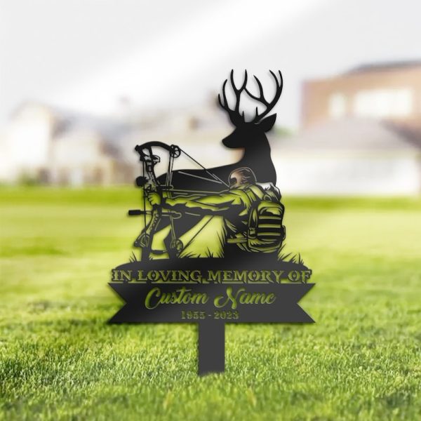 DINOZOZO Deer Bow Hunting Hunter Grave Marker Memorial Sign with Stake Sympathy Gifts for Loss of Loved One Custom Metal Signs