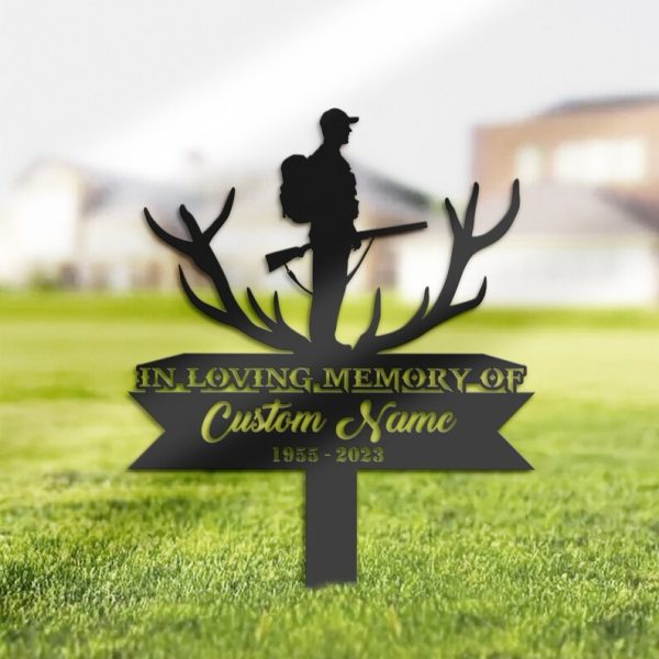 DINOZOZO Deer Hunter Grave Marker Memorial Sign with Stake Sympathy Gifts for Loss of Loved One Custom Metal Signs
