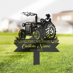 DINOZOZO Farmer on Tractor Grave Marker Memorial Sign with Stake Sympathy Gifts for Loss of Loved One Custom Metal Signs2