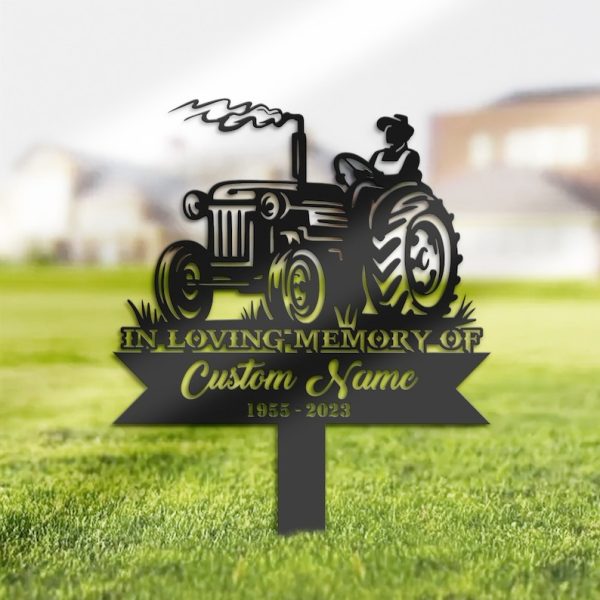DINOZOZO Farmer on Tractor Grave Marker Memorial Sign with Stake Sympathy Gifts for Loss of Loved One Custom Metal Signs