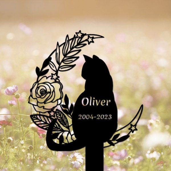 DINOZOZO Floral Cat On The Moon Cat Grave Marker Garden Stakes Cat Memorial Gift Cemetery Decor Custom Metal Signs