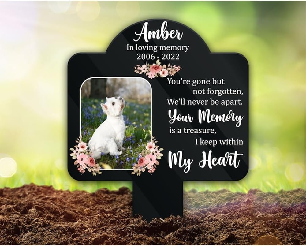 DINOZOZO Floral Custom Dog Cat Photo Your Memory Is A Treasure I Keep Within My Heart Pet Grave Marker Garden Stakes Pet Memorial Gift Custom Metal Signs2