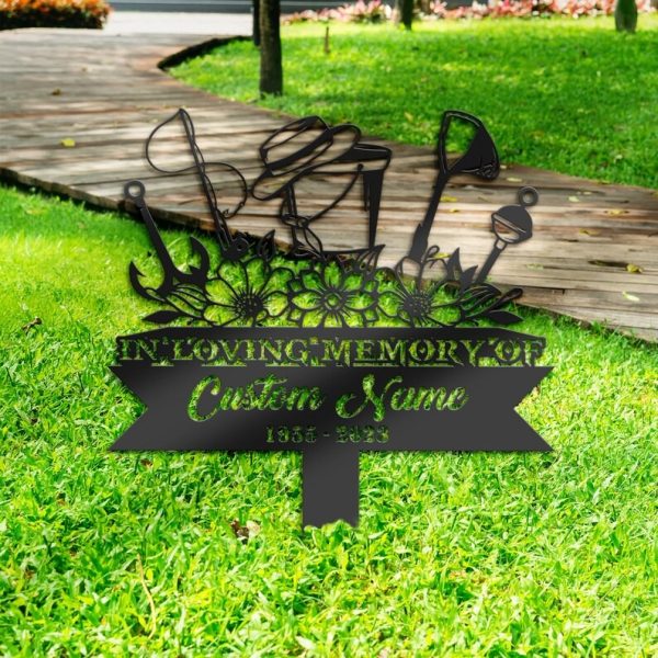 DINOZOZO Floral Fishing Tools Fisherman Grave Marker Memorial Sign with Stake Sympathy Gifts for Loss of Loved One Custom Metal Signs