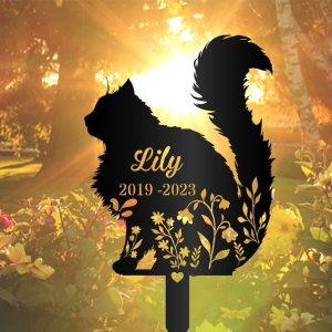 DINOZOZO Floral Fluffy Cat Grave Marker Garden Stakes Cat Memorial Gift Cemetery Decor Custom Metal Signs