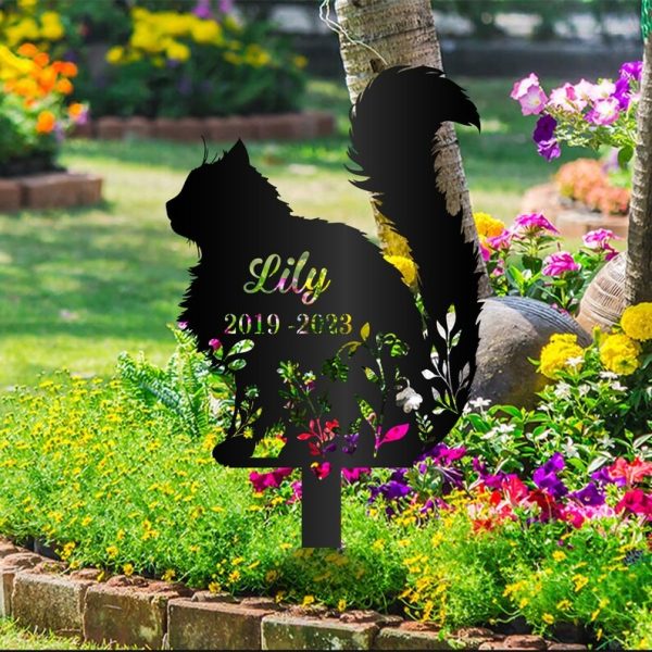 DINOZOZO Floral Fluffy Cat Grave Marker Garden Stakes Cat Memorial Gift Cemetery Decor Custom Metal Signs