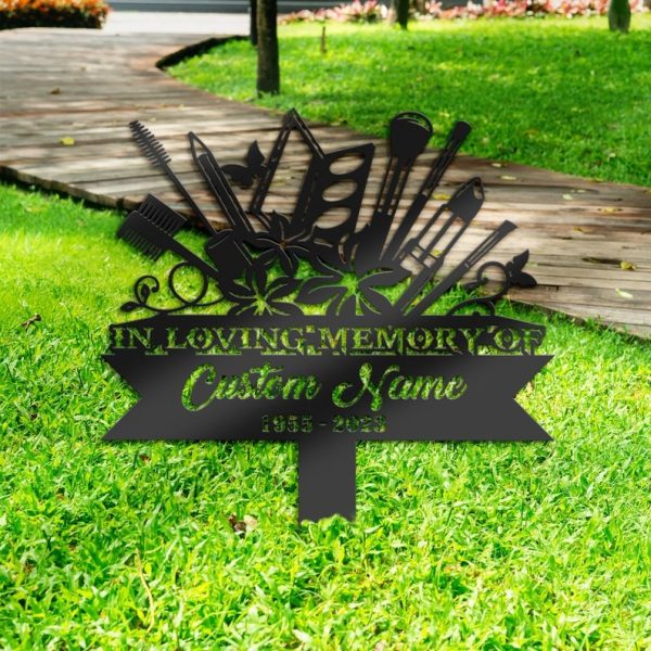 DINOZOZO Floral Makeup Tools Makeup Artist Grave Marker Memorial Sign with Stake Sympathy Gifts for Loss of Loved One Custom Metal Signs