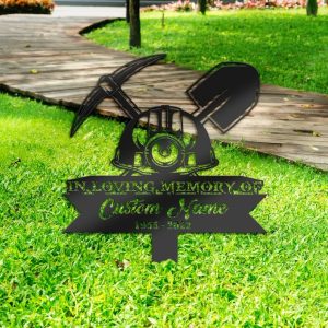 DINOZOZO Mining Tools Helmet Miner Grave Marker Memorial Sign with Stake Sympathy Gifts for Loss of Loved One Custom Metal Signs4