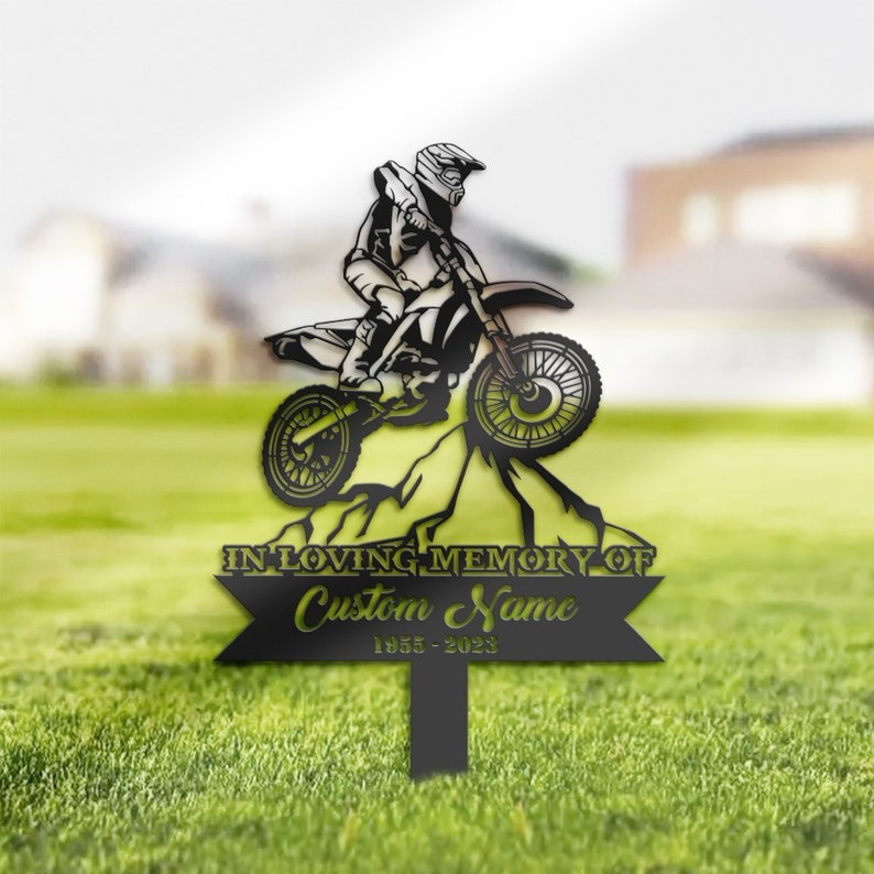 DINOZOZO Motocross Biker Grave Marker Memorial Sign with Stake Sympathy Gifts for Loss of Loved One Custom Metal Signs2