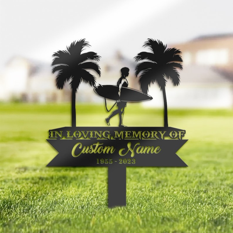 DINOZOZO Palm Tree Surfer Player Grave Marker Memorial Sign with Stake Sympathy Gifts for Loss of Loved One Custom Metal Signs2