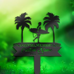DINOZOZO Palm Tree Surfer Player Grave Marker Memorial Sign with Stake Sympathy Gifts for Loss of Loved One Custom Metal Signs3