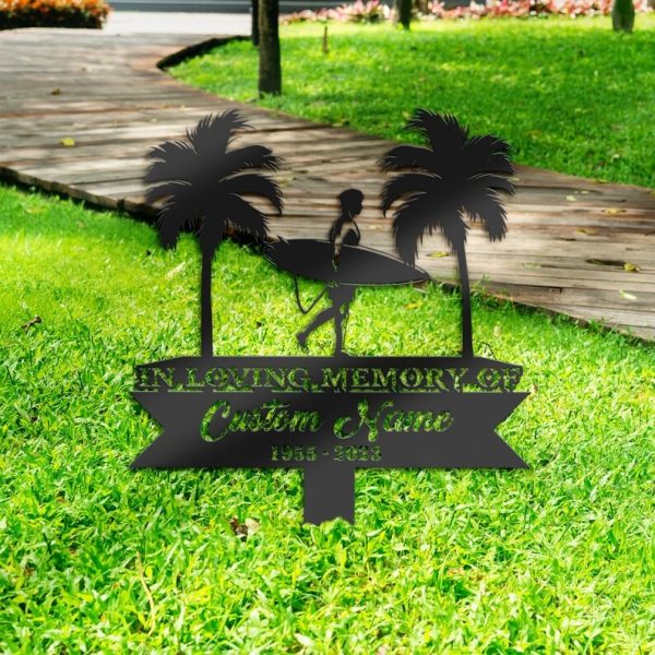 DINOZOZO Palm Tree Surfer Player Grave Marker Memorial Sign with Stake Sympathy Gifts for Loss of Loved One Custom Metal Signs
