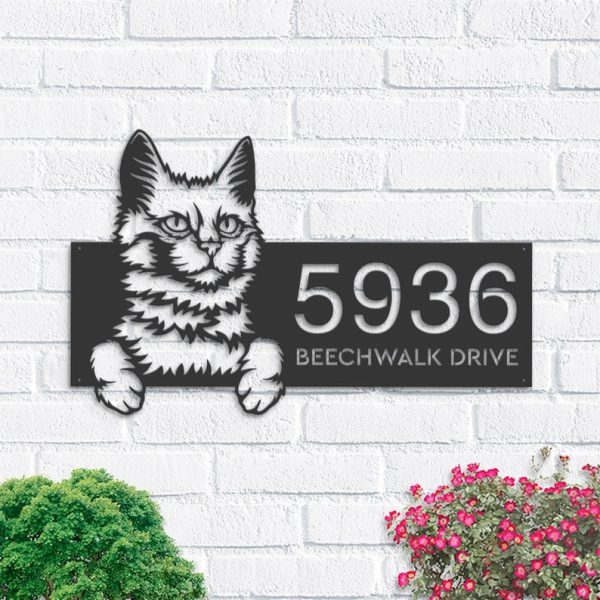 DINOZOZO Peeking Turkis Angora Cat Address Sign House Number Plaque Custom Metal Signs