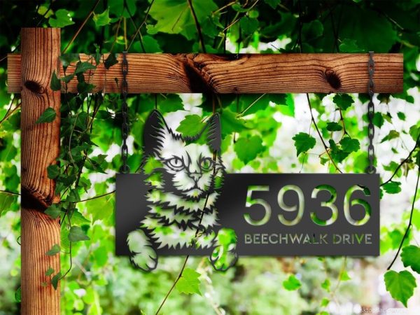 DINOZOZO Peeking Turkis Angora Cat Address Sign House Number Plaque Custom Metal Signs