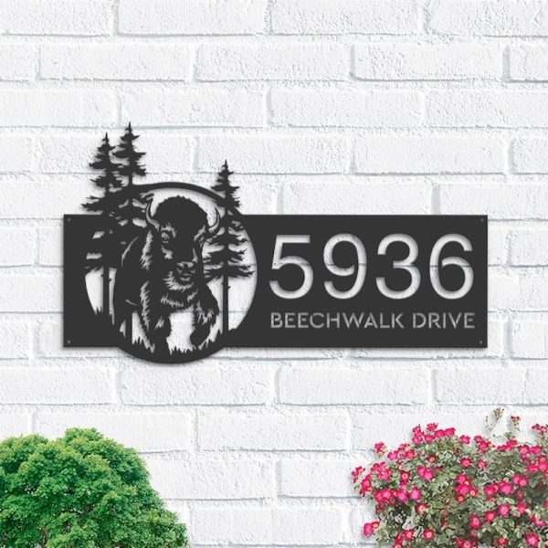 DINOZOZO Personalized Bison in Forest  Address Sign Custom Metal Signs