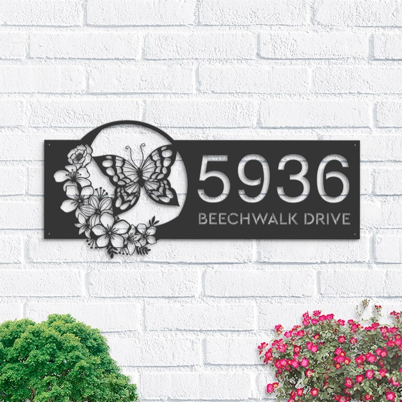 DINOZOZO Personalized Butterfly Flowers Address Sign Custom Metal Signs