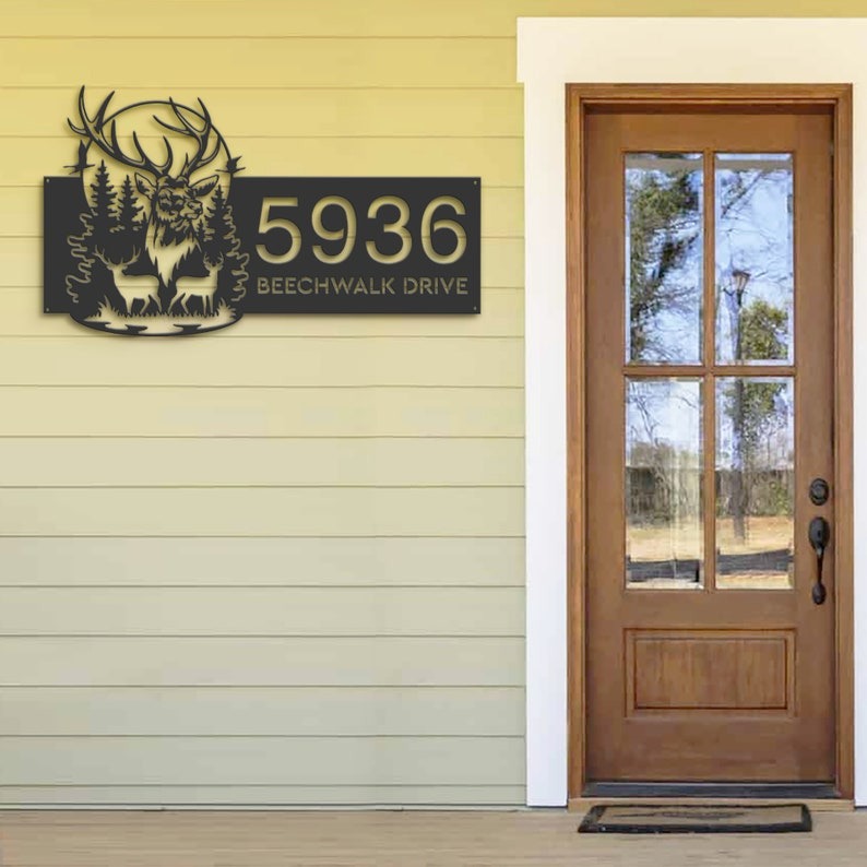 DINOZOZO Personalized Deer Buck Forest Scene Address Sign Custom Metal Signs3